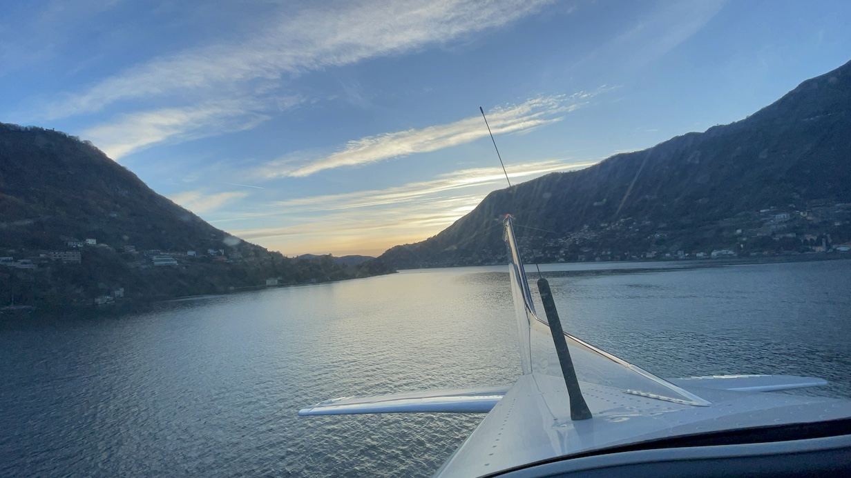 Sunset on the Como Lake on board of a seaplane